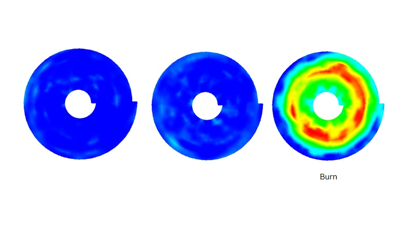 illustrated image of analyzed surface area highlighting burns from machining or grinding