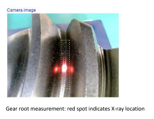 camera image of gear Gear root measurement: red spot indicates X-ray location