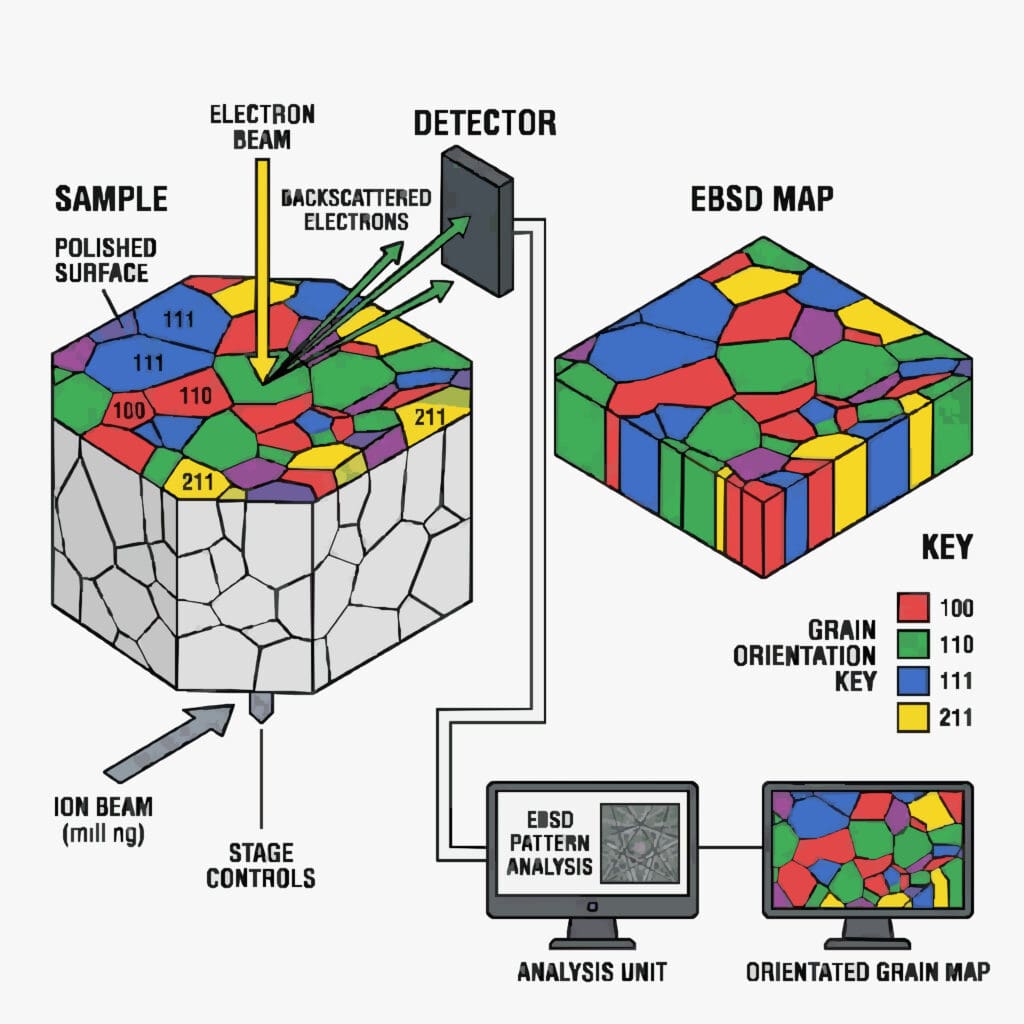 A diagram showing how Electron Backscatter Diffraction is used to evaluate crystalline material